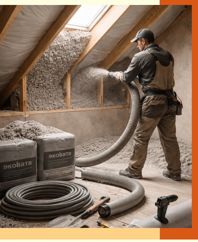Утепление мансарды эковатой в Баксане от 2222 руб/м2 — монтаж, задувка, цена | ТепломастерБкс