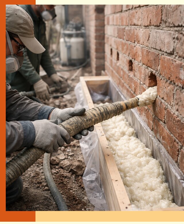 Заливка ППУ в пустоты кирпичной стены в Баксане