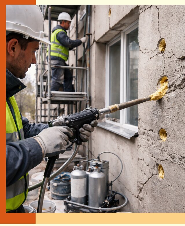 Заполнение пустот в фасаде и утепление стен в Баксане